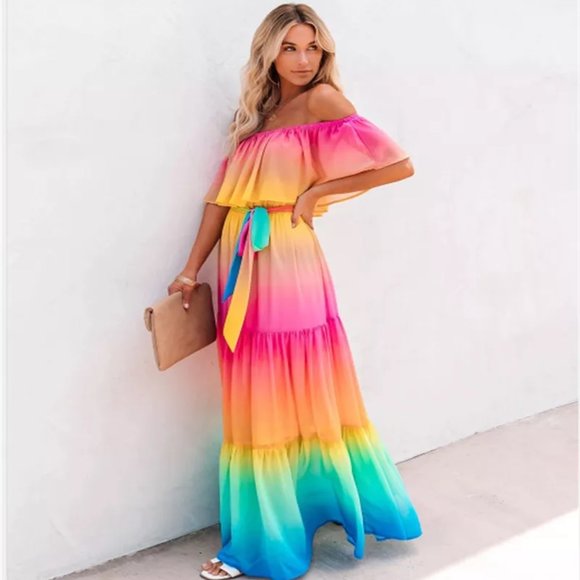 Rainbow Dress BOHO Maxi Off Shoulder - Ribbon Belt Waist - Flowing Hem - Picture 7 of 13